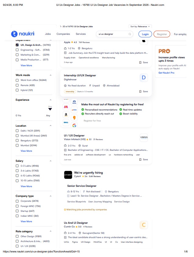 Current Naukri UI/UX Design Job Search Results